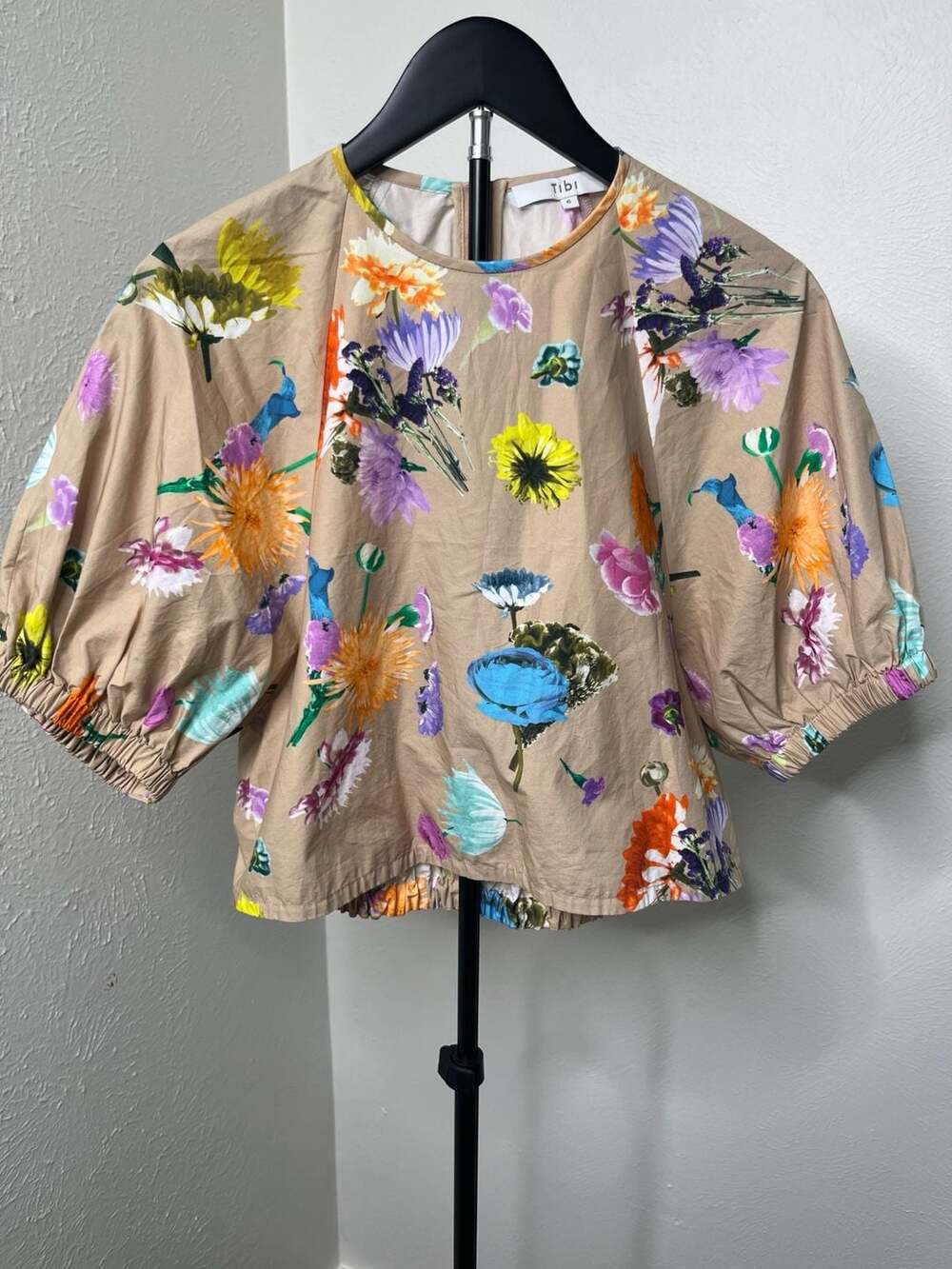 Tibi Arya Floral Print Shirred Puff-Sleeve Blouse Top